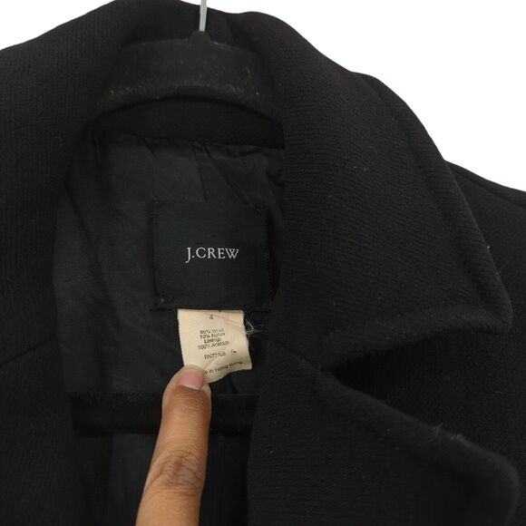 J Crew Women 4 Double Breasted Trench Coat Black Wool Blend Nylon Collar FLAW - Picture 5 of 9